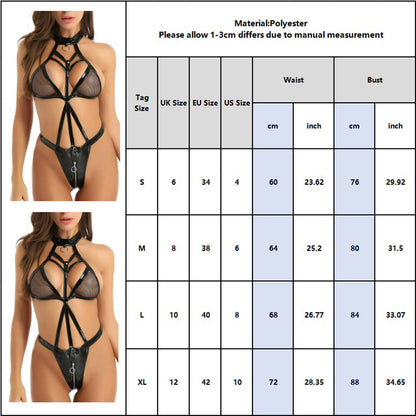 Womens Leather Zip Up Bodysuit Lingerie Underwear Babydoll Nightwear Set
