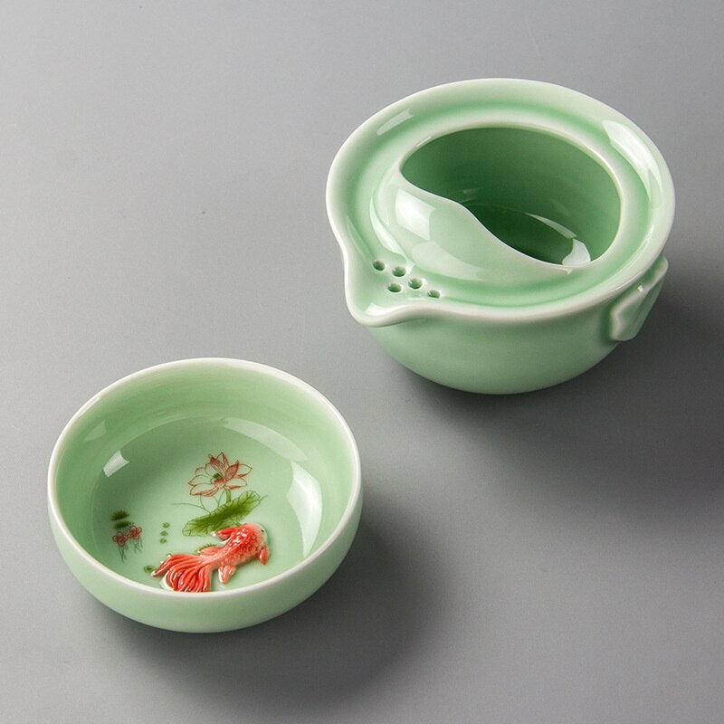 Design Green Ceramic 3d Carp Gaiwan Tea Set Celadon Elegant Kung Fu Teaset