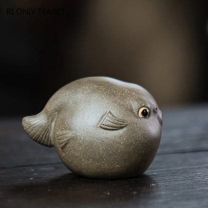 Yixing Purple Clay Tea Pet Pufferfish Statue Ornaments Handmade Tea Figurine
