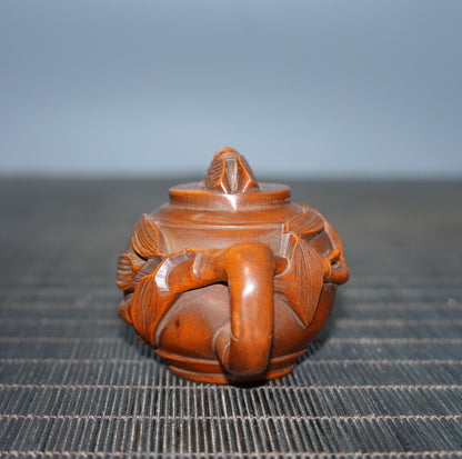 Antique Collection Tea Pot Statue Bamboo Leaf Handle Wooden Carving Decoration