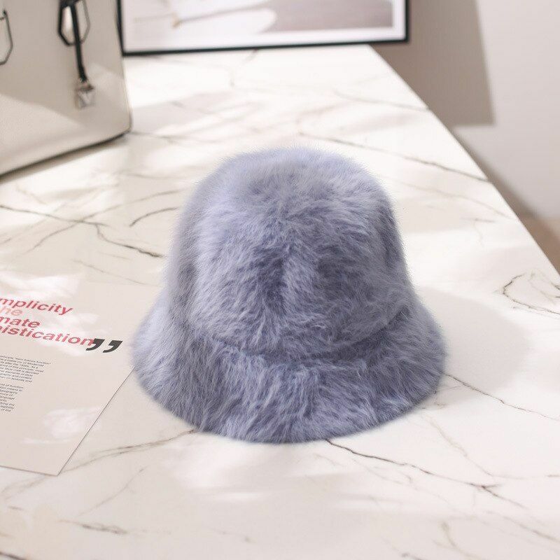 Hat Winter Women Solid Color Rabbit Fur Bucket Cap Fisherman Retro Knitted Wool