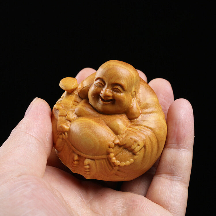 2.75" Boxwood Wood Carving Maitreya Sculpture Buddha Statue Laughing Buddha