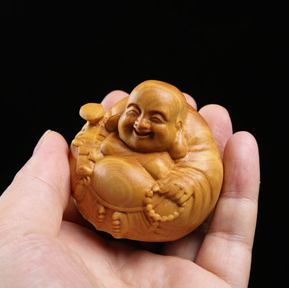 2.75" Boxwood Wood Carving Maitreya Sculpture Buddha Statue Laughing Buddha