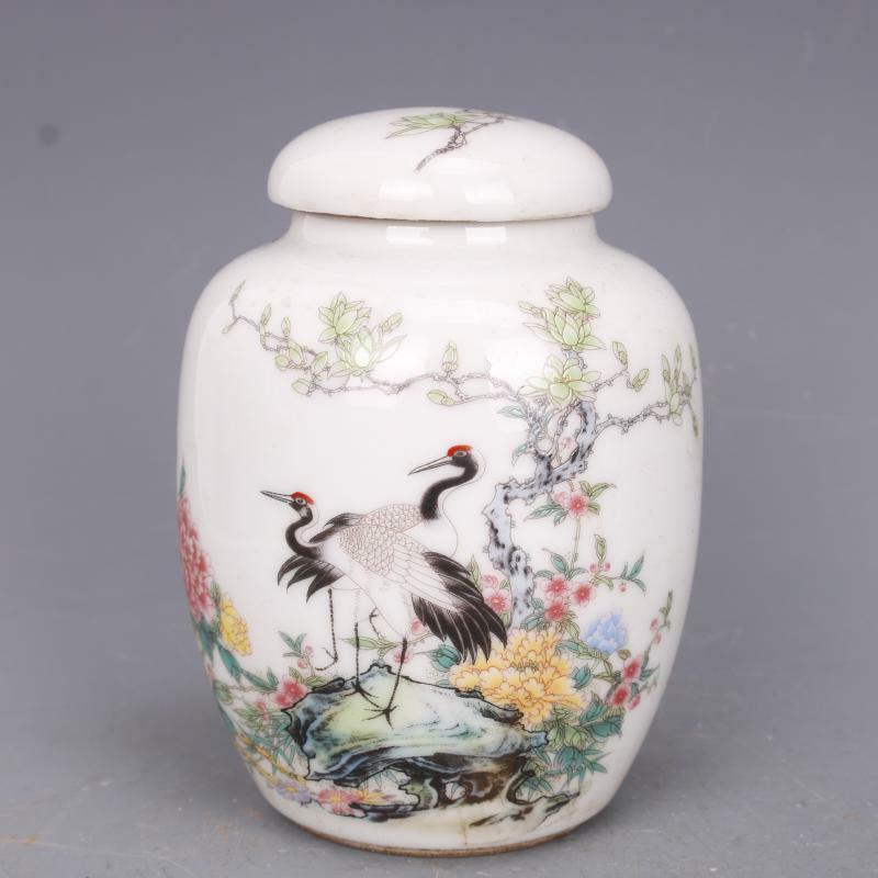 Old Chinese porcelain color Hand Painted Flower bird jar pots Tea caddy 84102