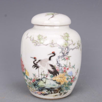 Old Chinese porcelain color Hand Painted Flower bird jar pots Tea caddy 84102