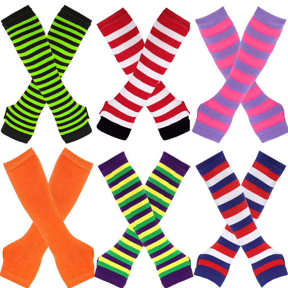 Women Striped Arm Sleeve Mittens Arm Hand Warmer Knitted Long Fingerless Gloves