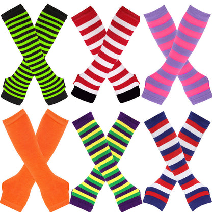 Women Striped Arm Sleeve Mittens Arm Hand Warmer Knitted Long Fingerless Gloves