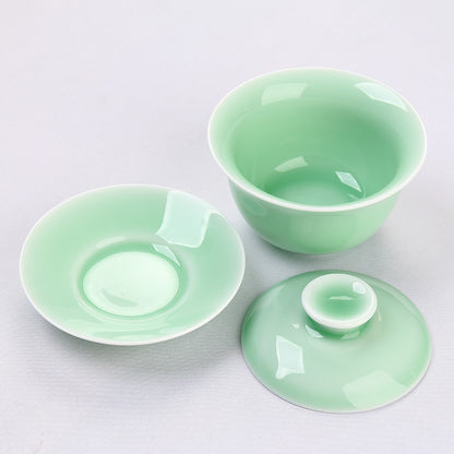 Longquan Porcelain Gaiwan Chinese Green Solid Color Tureen Handpainted Floral