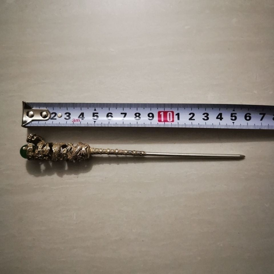 Antique Silver Plated Dragon Hairpin with Green Gemstone Chinese Hair Stick