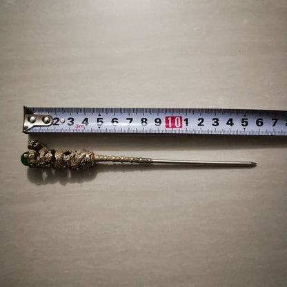 Antique Silver Plated Dragon Hairpin with Green Gemstone Chinese Hair Stick