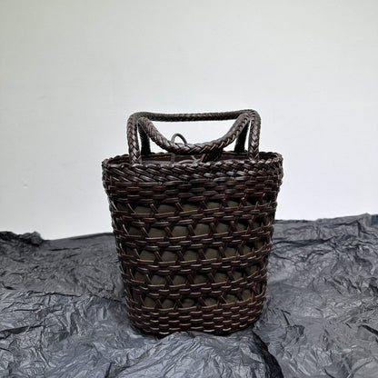 Small Woven Real Leather Drawstring Basket Bag Tote Bucket Beach Shoulder Bag