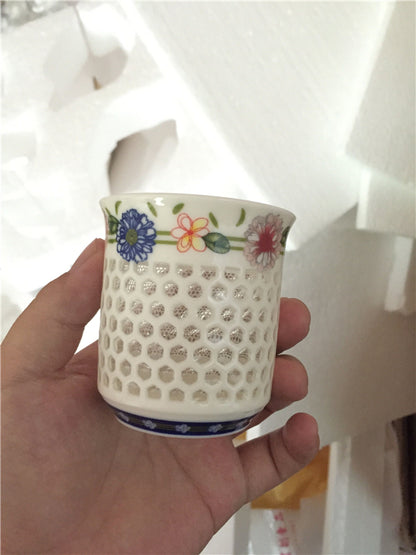 100ml Ceramic Tea Cup Blue White Cup For Coffee/tea Floral Hollow-out Design Cup