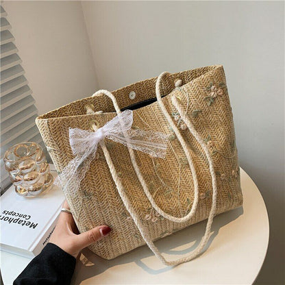 Women Shoulder Bag Large Capacity Female Handbag Simple Casual Straw Woven Style