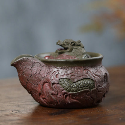 True Yixing Zisha Purple Clay Tea Pot Handmade Dragon Carved Relief Master Pot