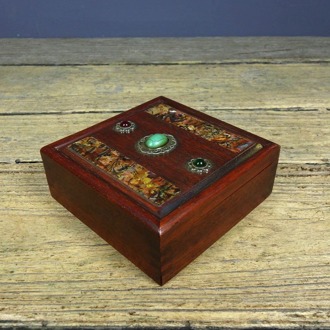 Vintage Rosewood Pull-Out Box, Inlaid Abalone & Gemstones, 12cm