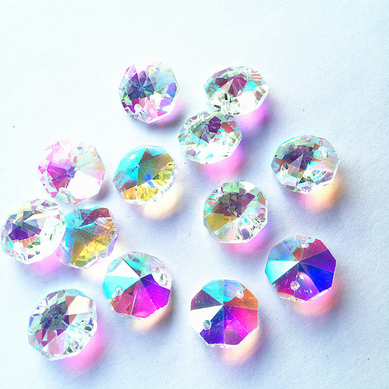 100PC AB Aurora Feng Shui Octagonal Bead Pendant Glass Faceted Prism Chandelier