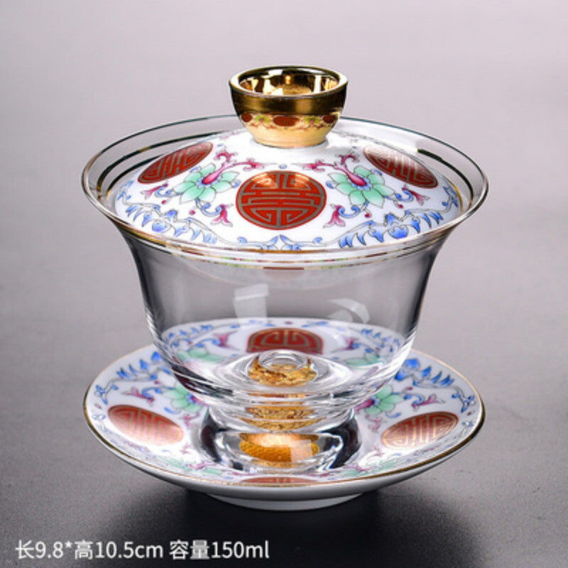 Tea Bowl Thickened Glass Tureen Tea Cover Bowl Lid Sancai Gaiwan Hand Painted
