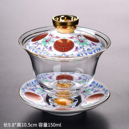 Tea Bowl Thickened Glass Tureen Tea Cover Bowl Lid Sancai Gaiwan Hand Painted