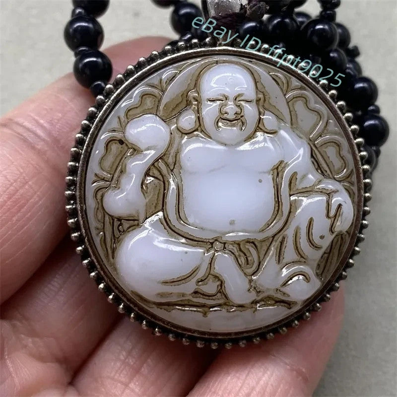 China Antique Collection Old Jade Maitreya Buddha Blessing Pendant Mala Necklace