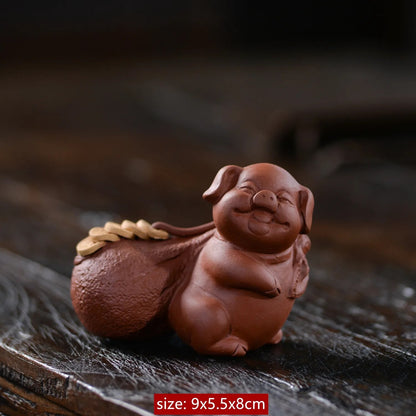 Yixing Purple Clay Tea Pet Lucky Piglet Statue Ornaments Handmade Tea Figurine