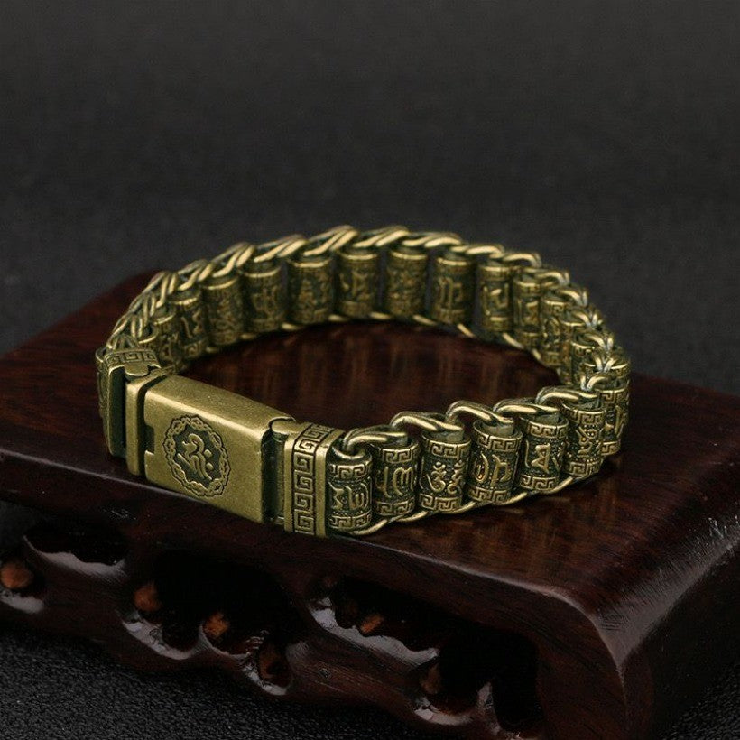 Vintage Copper Tibetan Script Bracelet Brass Watch Chain Men's Accessory 66g