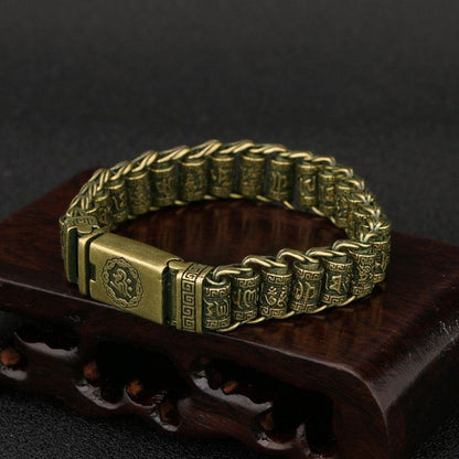 Vintage Copper Tibetan Script Bracelet Brass Watch Chain Men's Accessory 66g