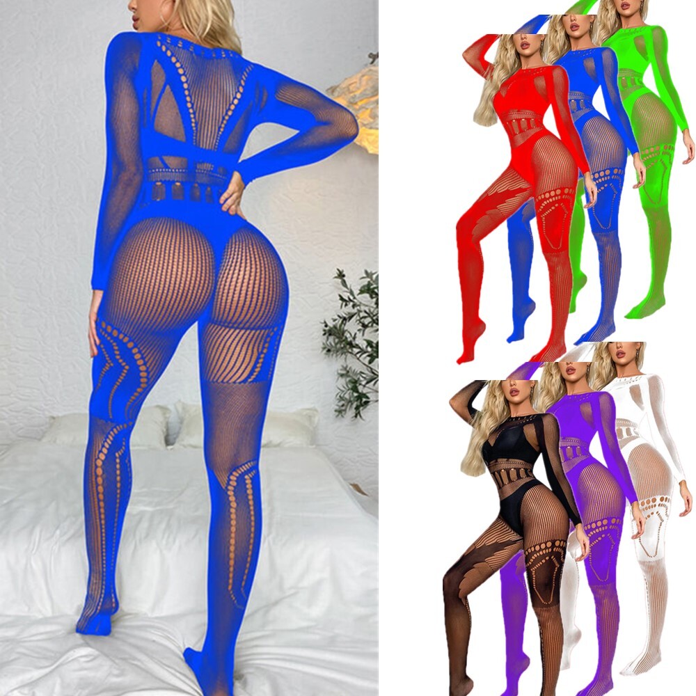 Sexy Women's Fishnet Mesh Full Bodysuit Long Sleeve Jumpsuits Bodystocking