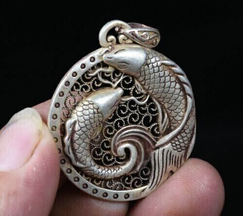 4CM Rare Old China Miao Silver Feng Shui Double Fish Pendant Amulet Necklace