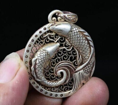 4CM Rare Old China Miao Silver Feng Shui Double Fish Pendant Amulet Necklace