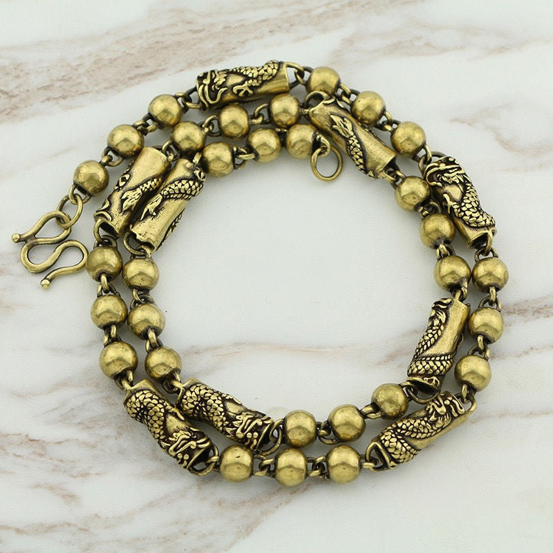 Vintage Brass Necklace Aged Copper Dragon Head Chain 60cm 0.8cm 146g