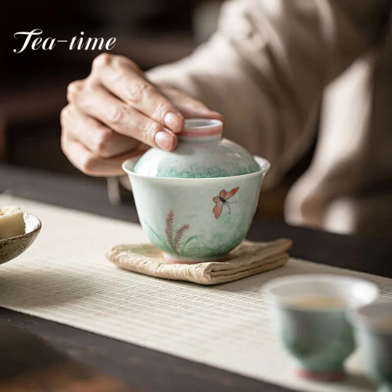 150ml Pure Hand-painted Reed Ceramic Gaiwan Tea Bowl Saucer Lid Kit Tea Tureen
