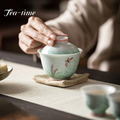 150ml Pure Hand-painted Reed Ceramic Gaiwan Tea Bowl Saucer Lid Kit Tea Tureen