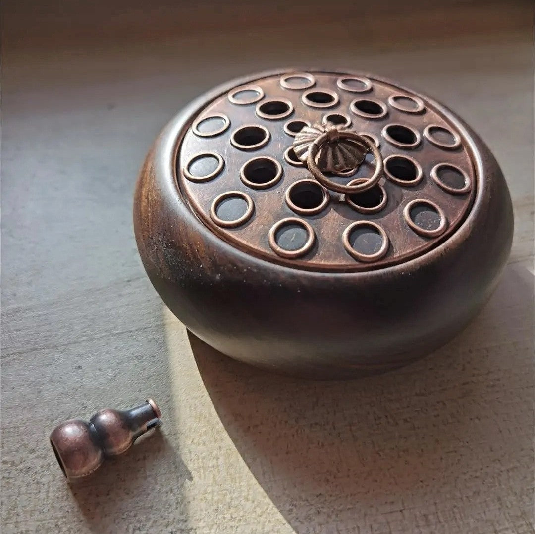 Ebony Rosewood Incense Burner 10.6×5cm Copper Lotus Lid No Fragrance Included