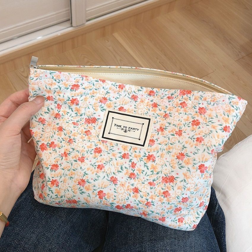 Floral Makeup Bag Large Cotton Fabric Cosmetic Traveling Case Storage Organizer