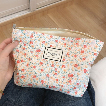 Floral Makeup Bag Large Cotton Fabric Cosmetic Traveling Case Storage Organizer