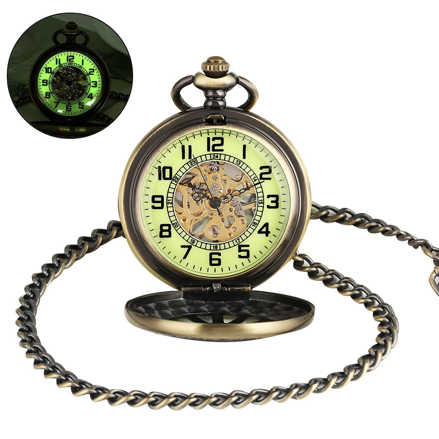 Luxury Classic Mens Pocket Watch Mechanical Black Steampunk Skeleton with Chain