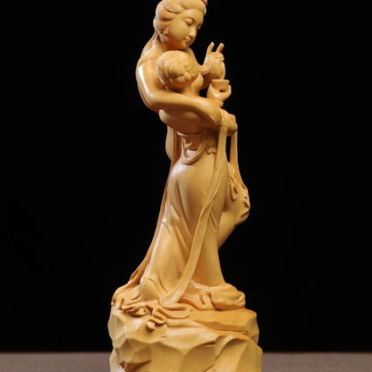 8" Boxwood Carved Lesbian Statue Lover Drinking Figurine Home Decor
