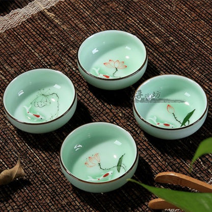 Boutique Celadon Tea Cup Goldfish Four Seasons Lotus Design Ceramic Tea Set