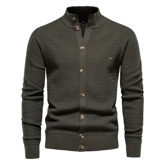 Winter Fashion Mens Cardigan Cotton High Quality Button Mock Neck Men's Sweater