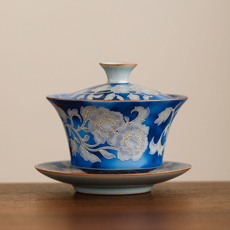 Chinese Jingdezhen Silver Blue White Peony Gaiwan 150ml Kung Fu Tea Bowl