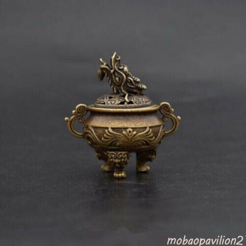 6 CM Pure Bronze Copper Foo Dog Lion Dragon Head Incense Censer Home Decoration