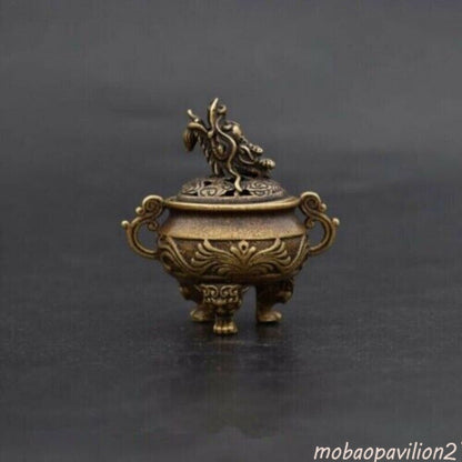 6 CM Pure Bronze Copper Foo Dog Lion Dragon Head Incense Censer Home Decoration