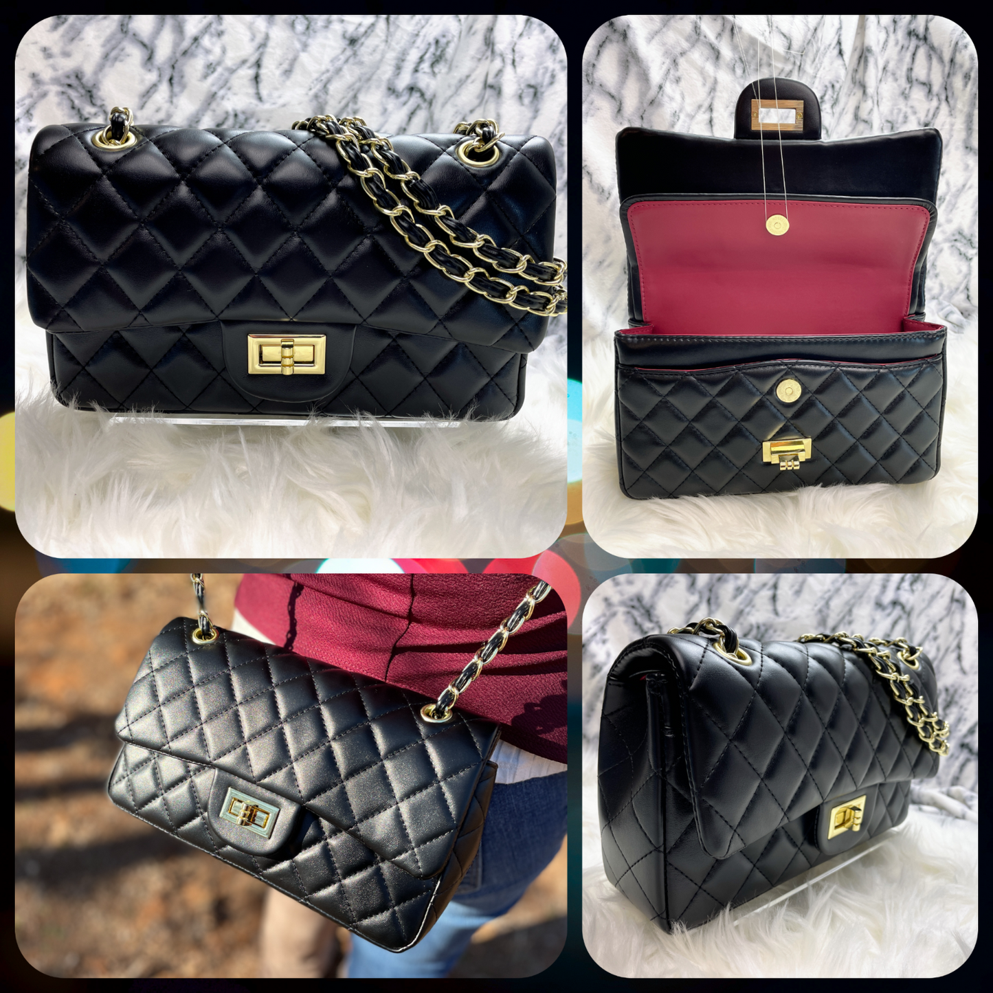 Women Classic Quilted Double Flap Shoulder Crossbody Leather Bag