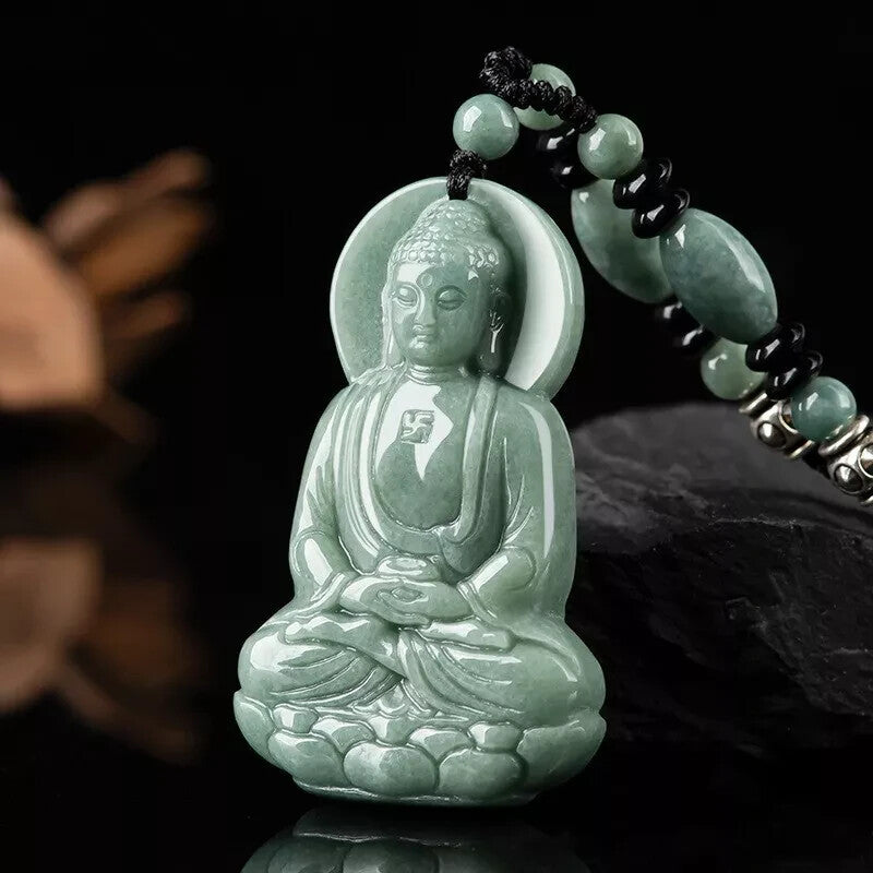 Grade A Natural Jadeite Guanyin Buddha Amitabha Ice Jade Pendant A-Quality