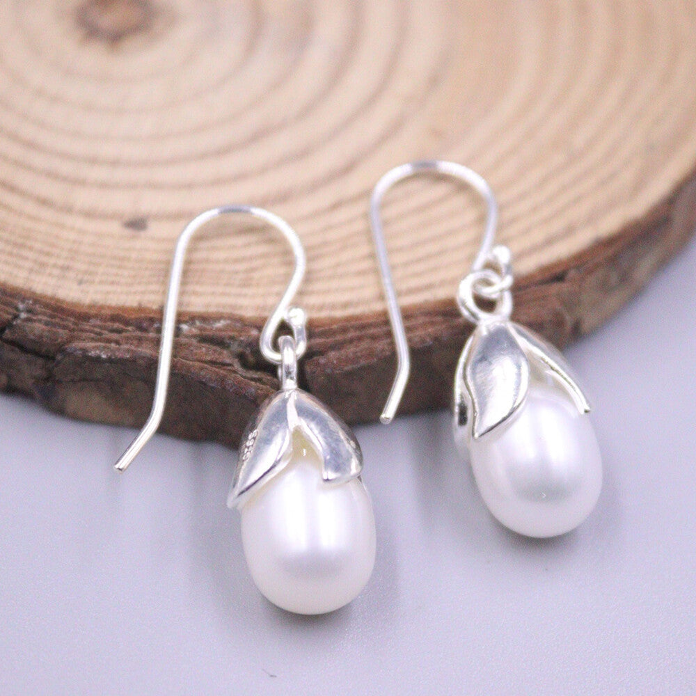 925 Sterling Silver Flower Dangle Earrings with Natural Freshwater Pearl