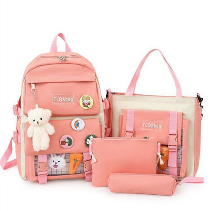 4 Pcs Sets Women Bag Women Backpack Book Bags Female with Plush Pendant