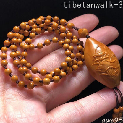 Chinese Natural Olive Dentoliva Carved Buddha Beads Women Lotus Pendant Necklace
