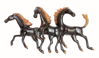 Brass Three Running Horses Sculpture Statue Wall Hanging Showpiece Figurine
