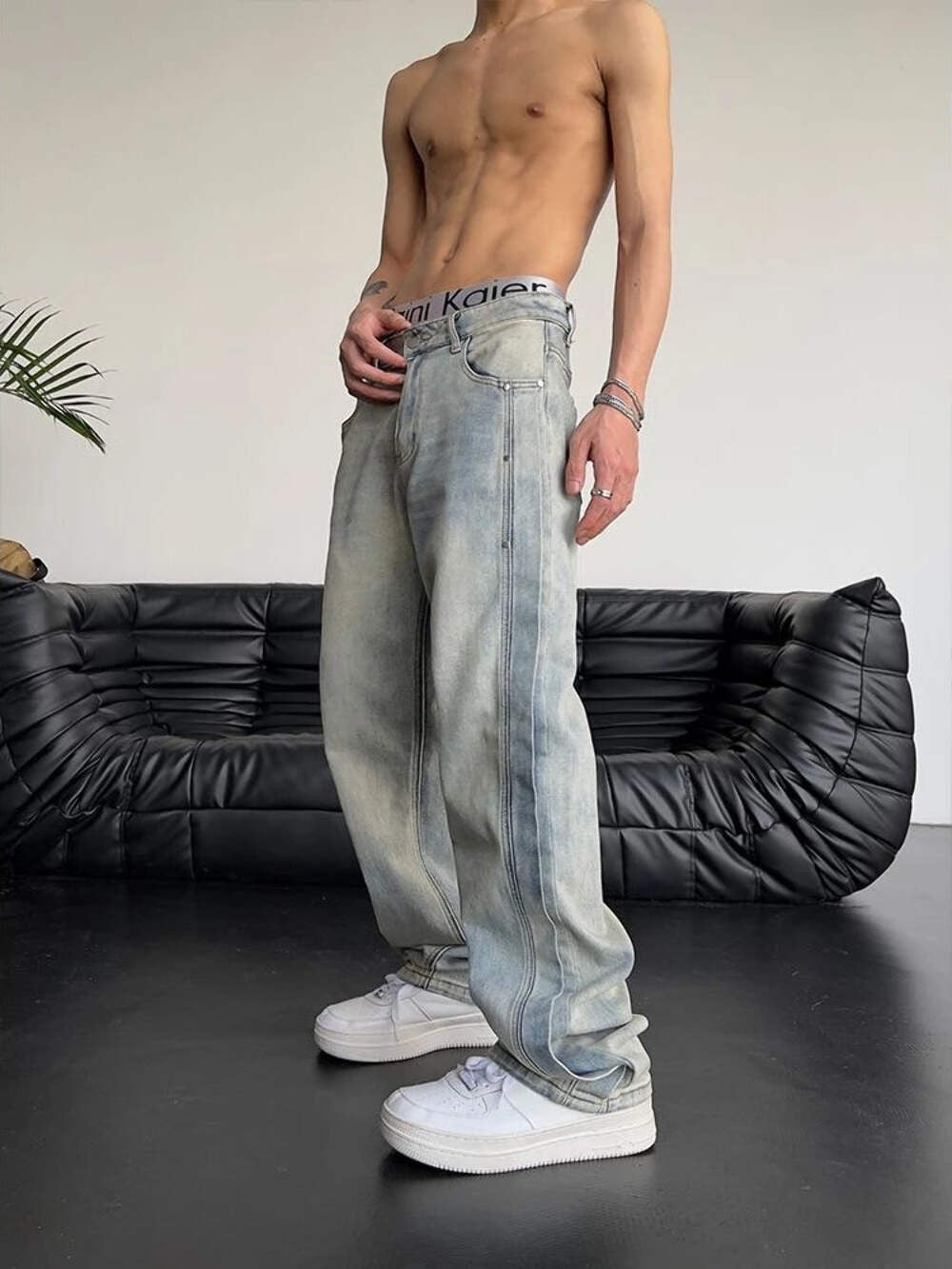 Men’s Baggy Patchwork Jeans Loose Wide Leg Denim