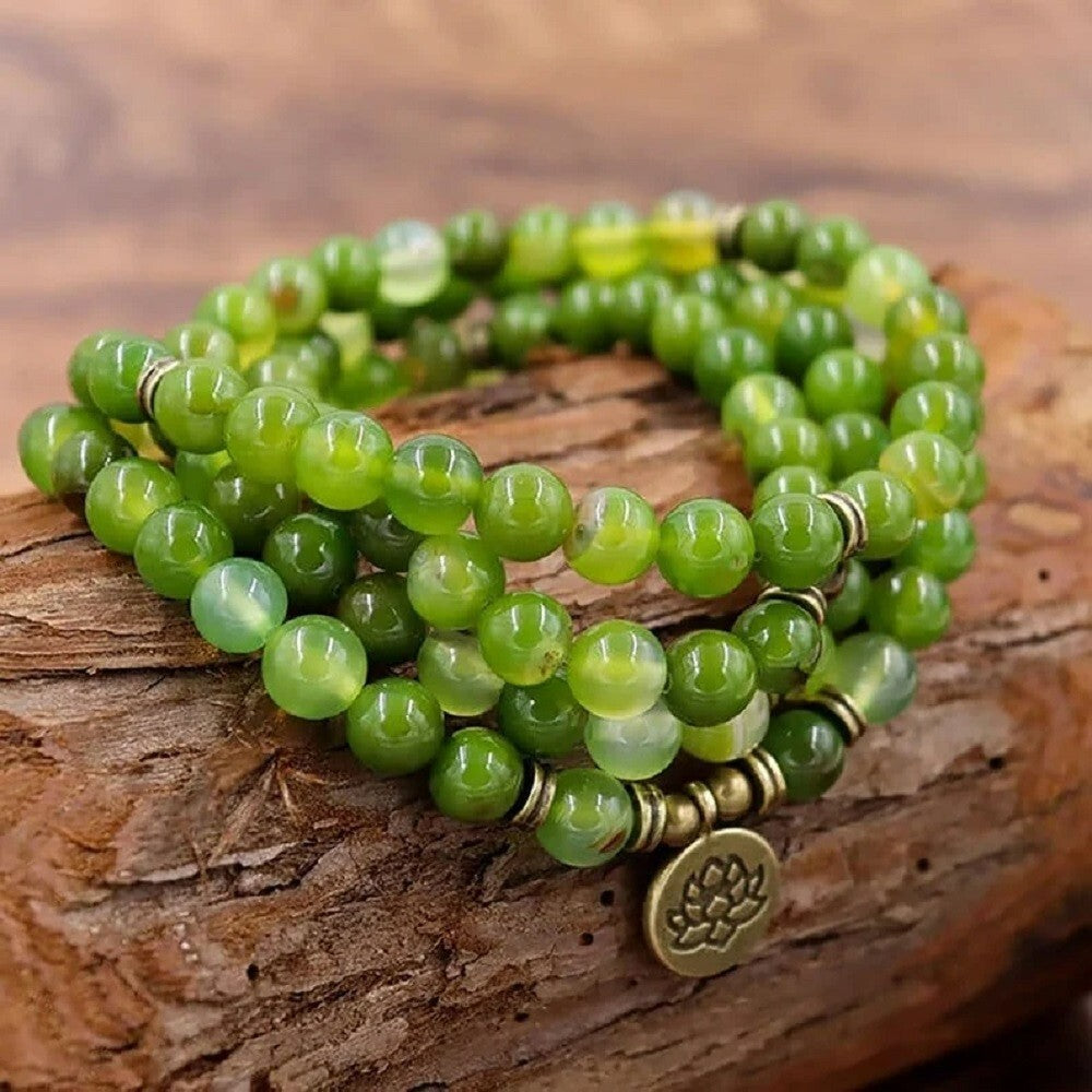 108 Mala Beads Natural African Jade Stone Lotus Pendant Necklace for Healing